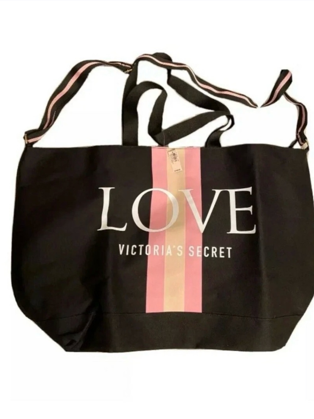 Victoria's Secret Black Tote with Pink and Cream Stripes